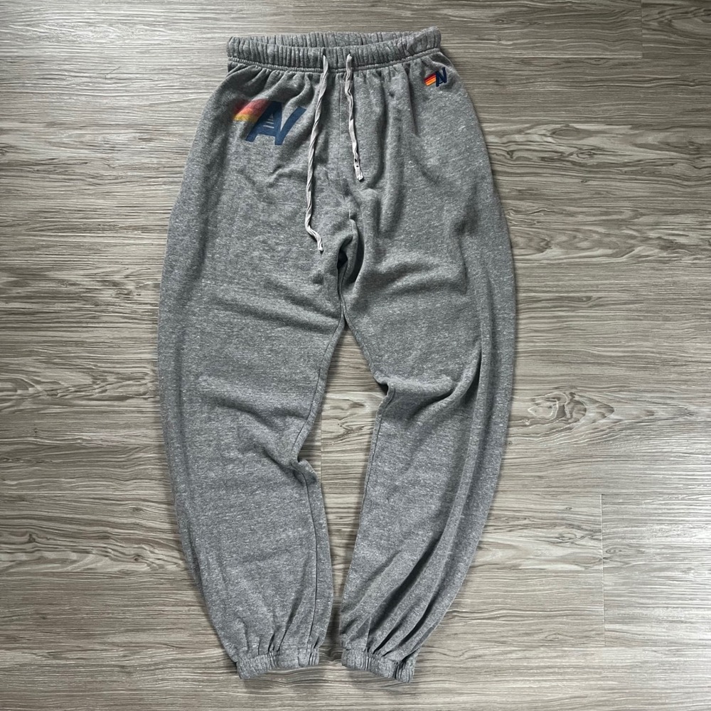 Aviator Nation Mens Heather Gray Rainbow Logo Sweatpants Joggers L Made in USA